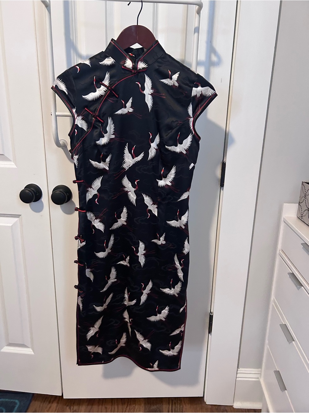 Black Crane-Print Cheongsam Dress